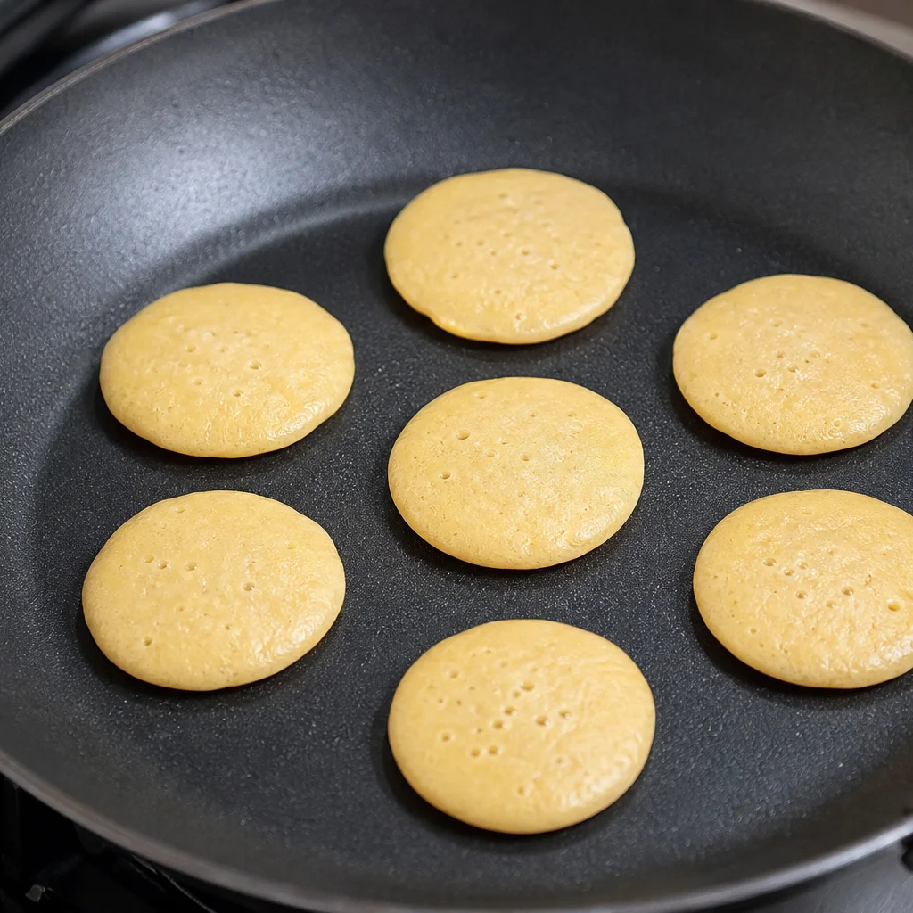 Small golden mini pancakes cooking in a non-stick skillet on the stove