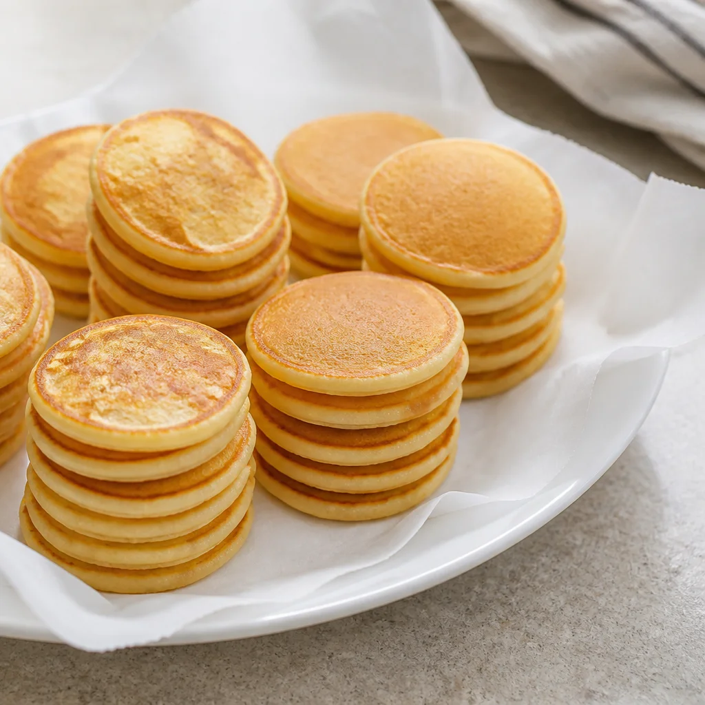 Stacks of mini pancakes cooling on a white plate lined with parchment paper