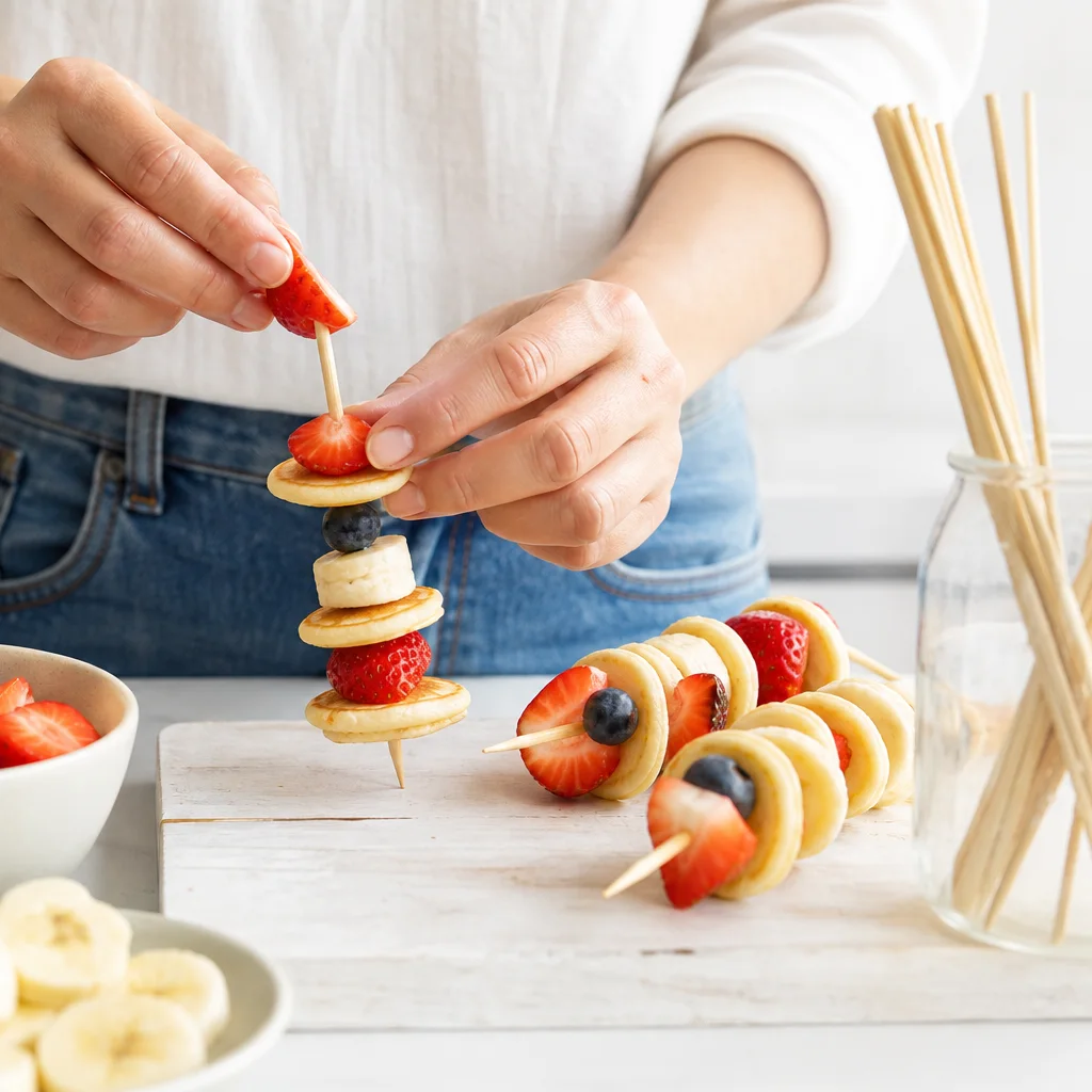 Hands threading mini pancakes and fresh fruit onto wooden skewers on a kitchen counter
