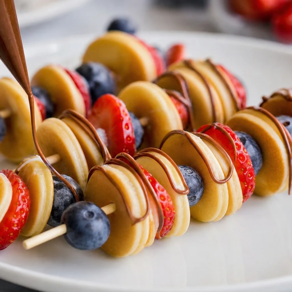 Chocolate hazelnut spread being drizzled over mini pancake kabobs on wooden skewers