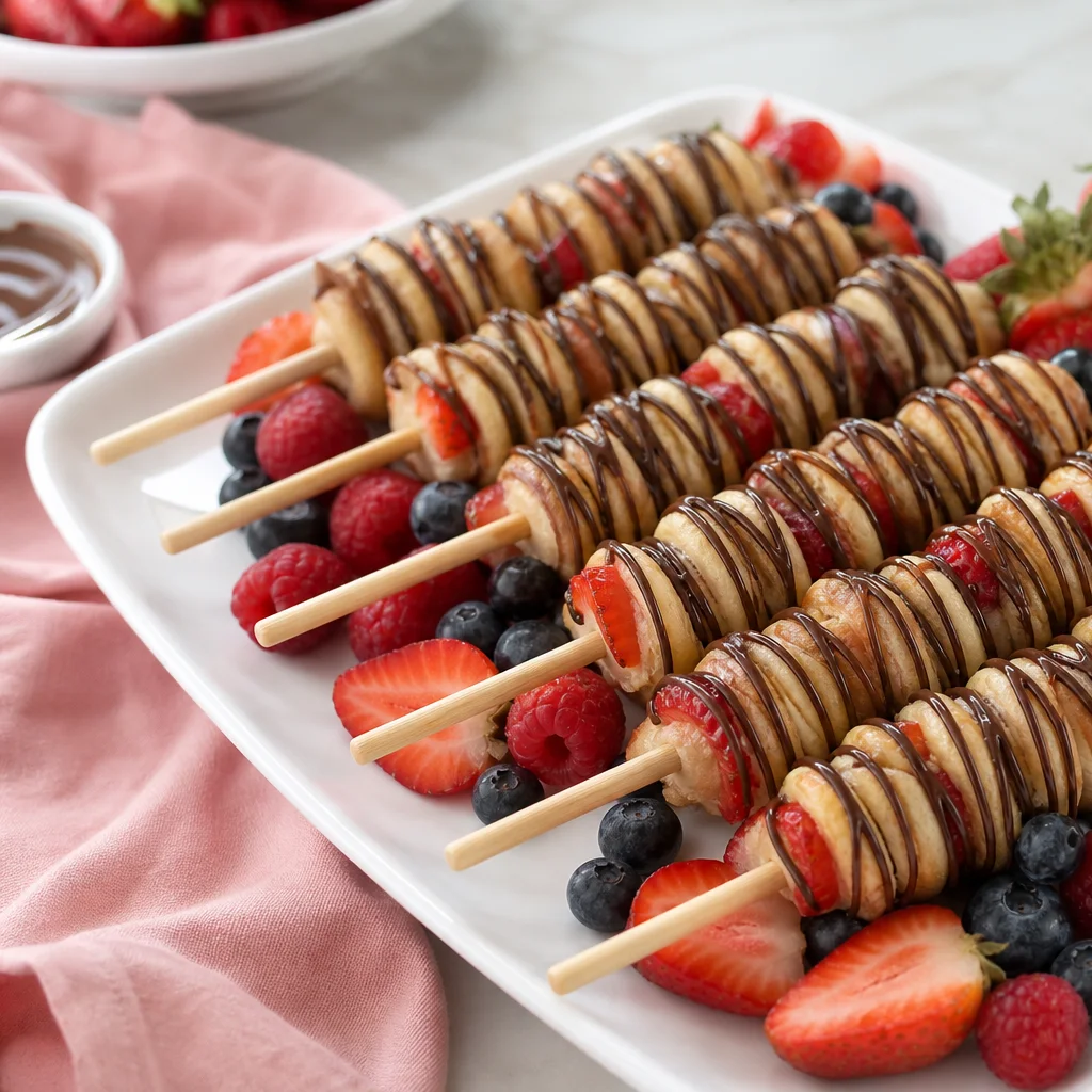 Finished Nutella mini pancake kabobs arranged on a white serving platter with fresh berries