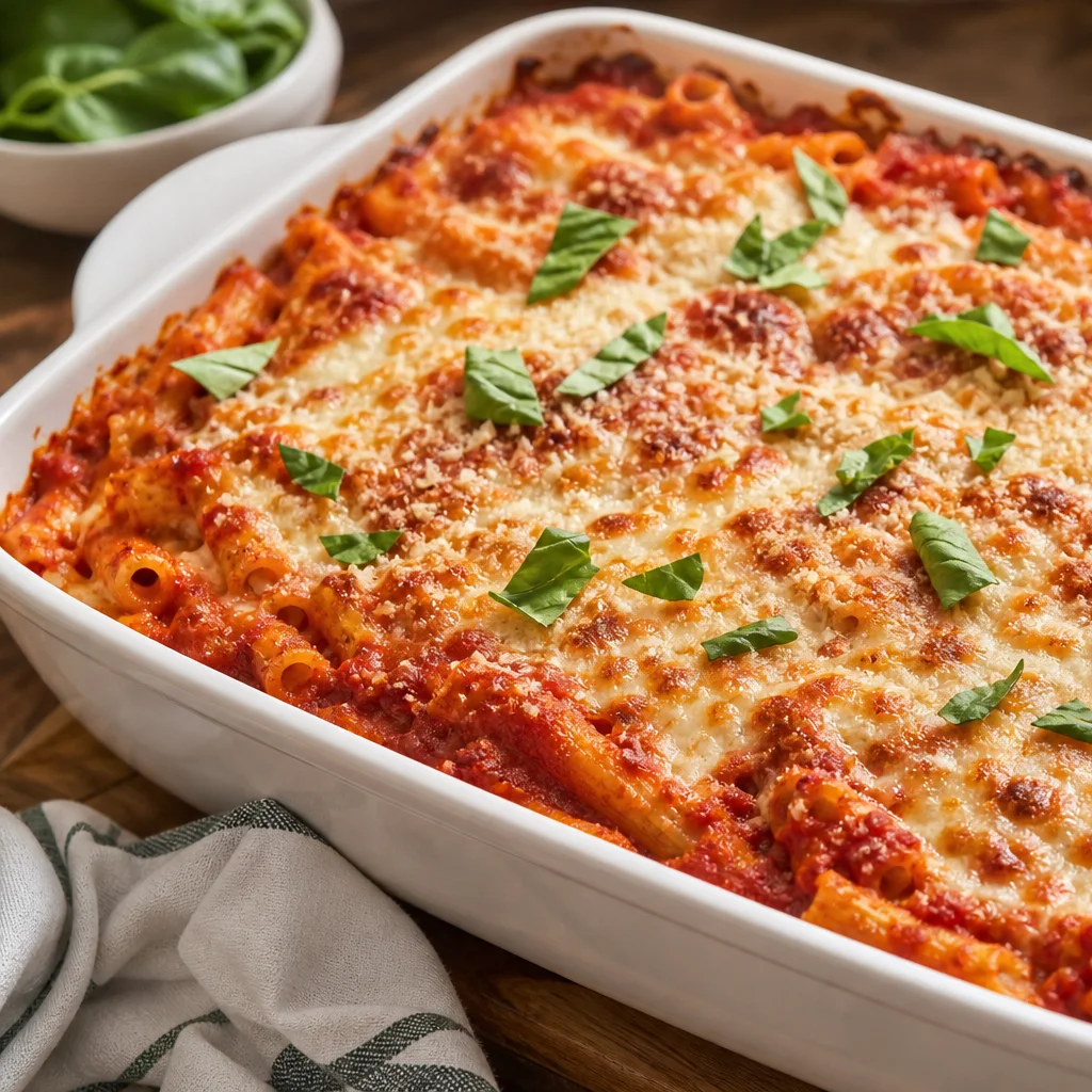 Chicken Parmesan baked ziti in a ceramic casserole dish with melted mozzarella and golden Parmesan crust