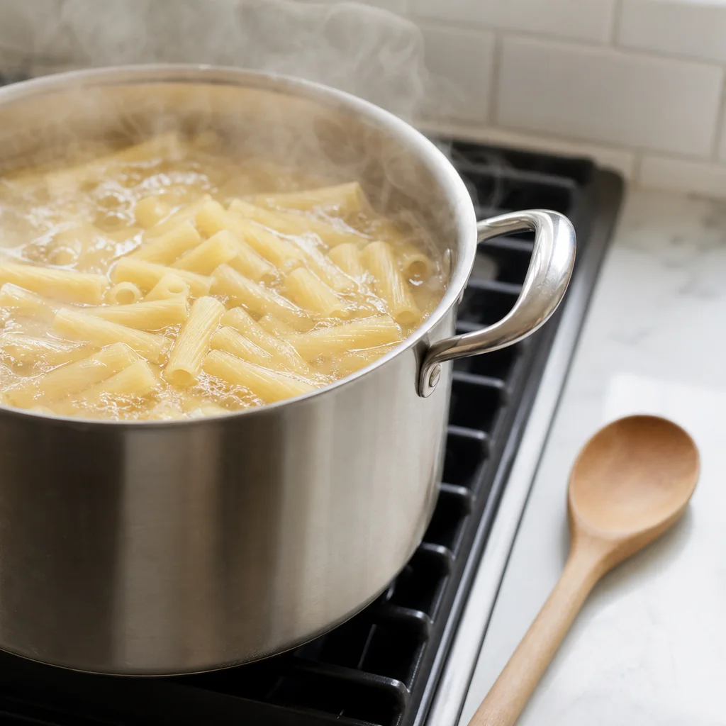 Ziti pasta boiling in a large pot of salted water on the stove