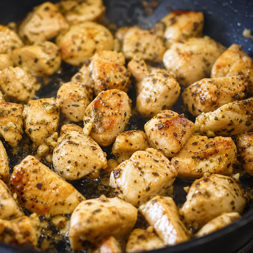 Seasoned cubed chicken cooking in a skillet with garlic and Italian herbs