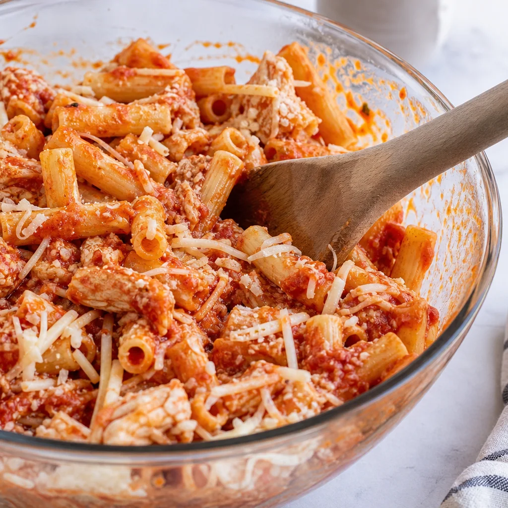 Cooked ziti tossed with chicken marinara and shredded cheese in a large mixing bowl