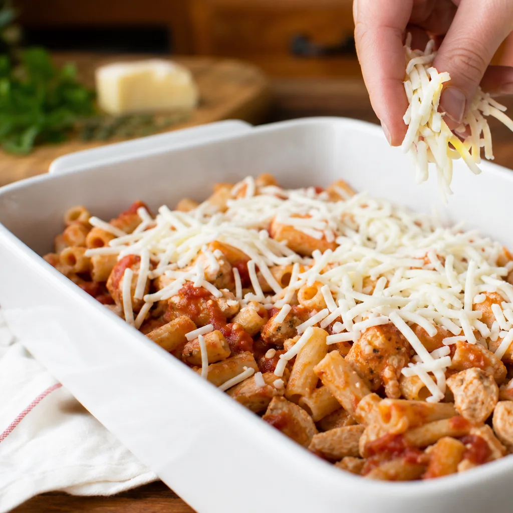 Chicken Parmesan ziti mixture spread in a greased baking dish before the oven