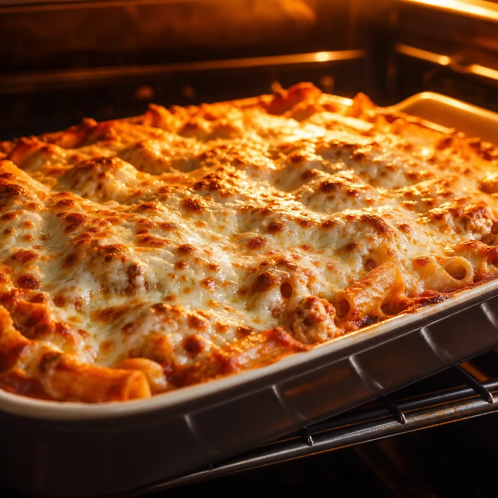 Golden bubbly chicken Parmesan baked ziti fresh from the oven in a casserole dish