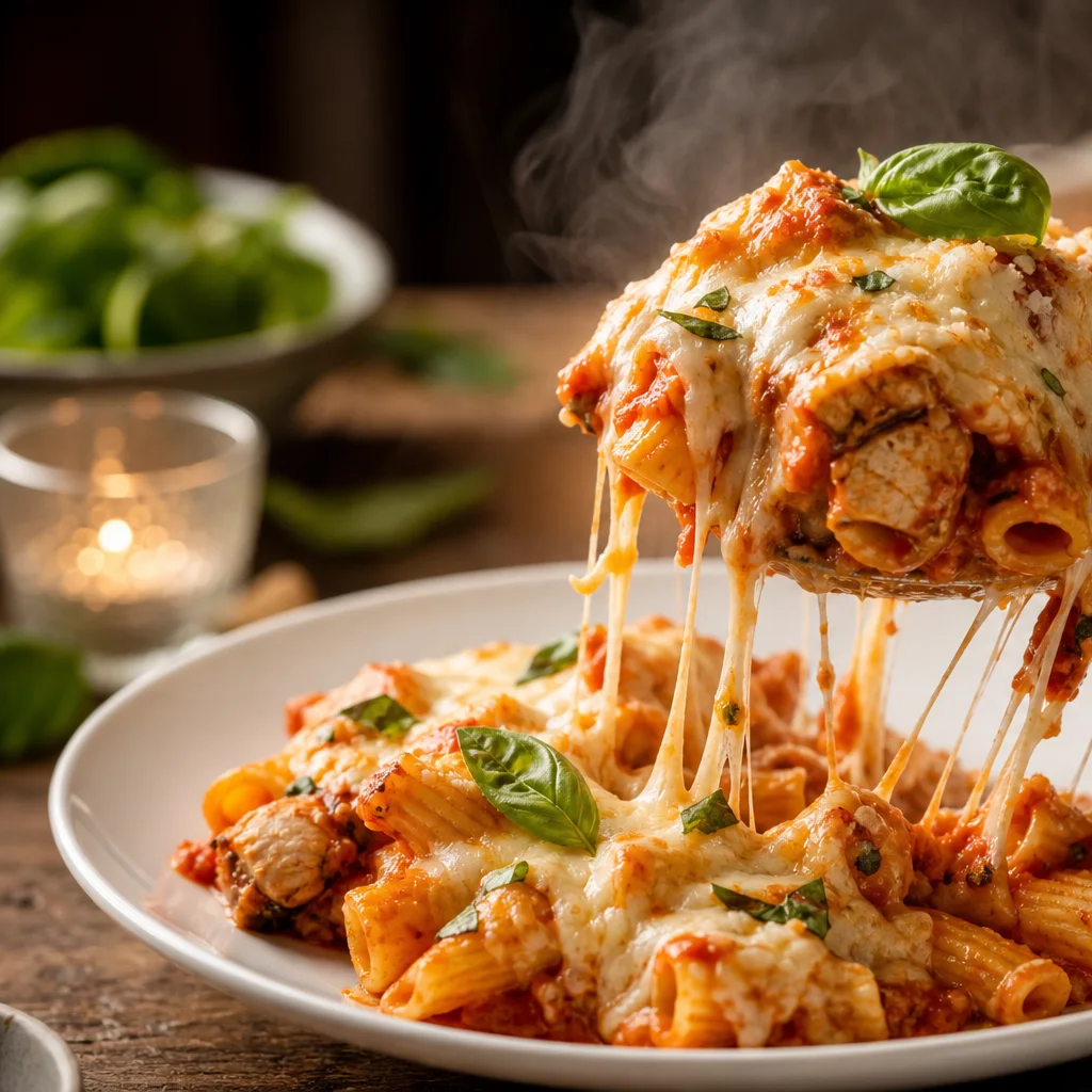 Scoop of chicken Parmesan baked ziti on a white plate garnished with fresh basil