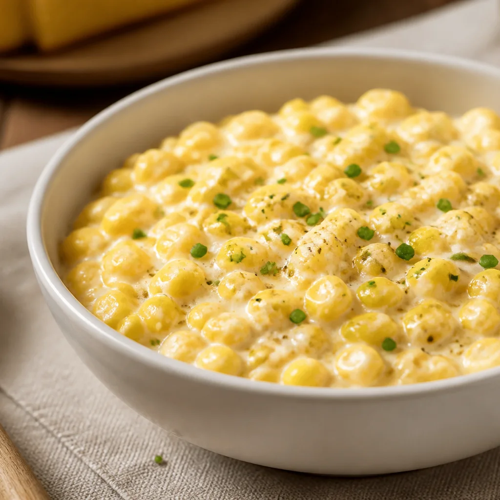 Creamy slow cooker creamed corn in a ceramic serving bowl topped with fresh chives