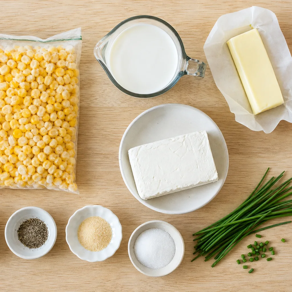 Slow cooker creamed corn ingredients including frozen corn heavy cream butter cream cheese and seasonings