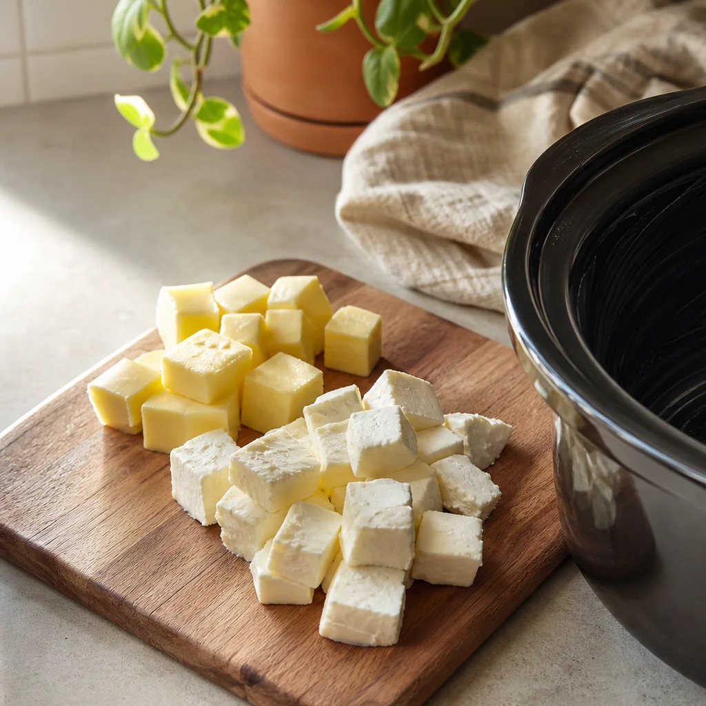 Cubed butter and cream cheese beside a greased slow cooker ready for creamed corn