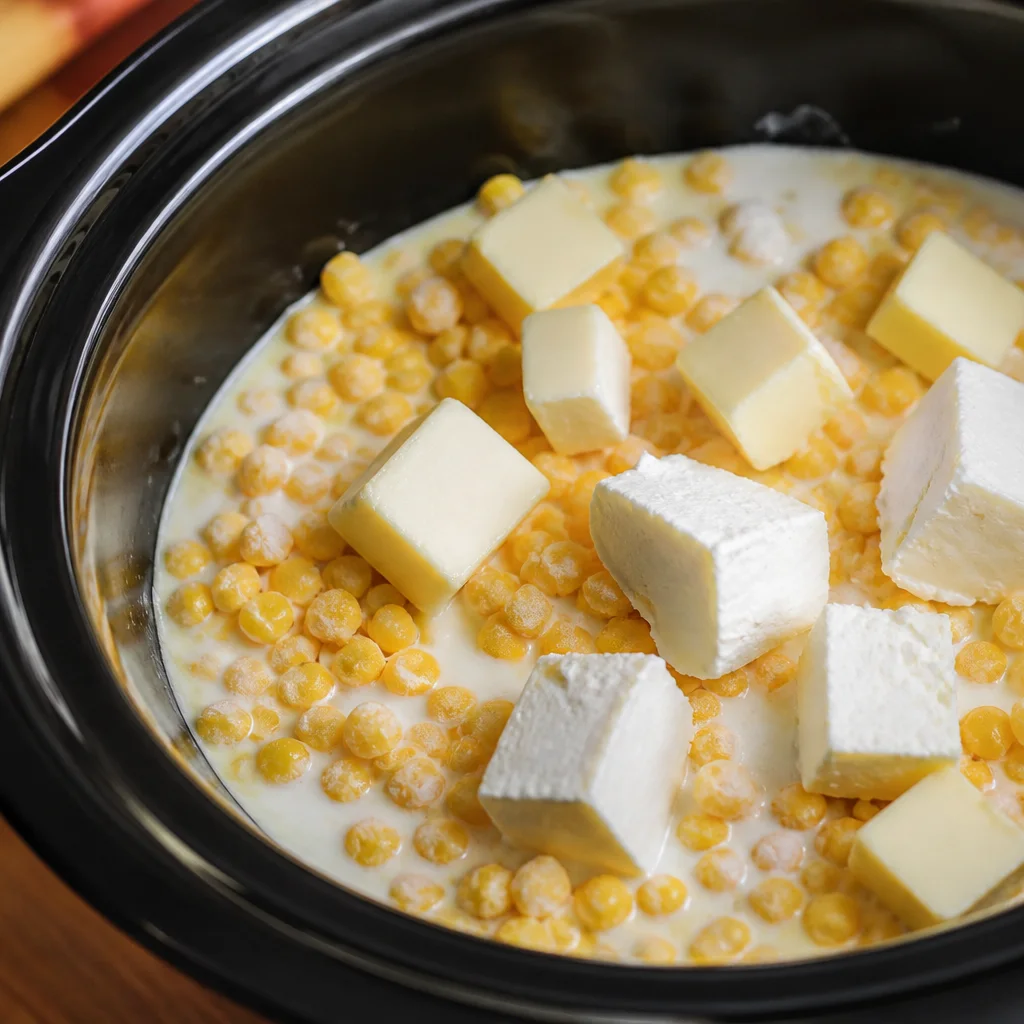 Frozen corn heavy cream butter and cream cheese added to a slow cooker crock