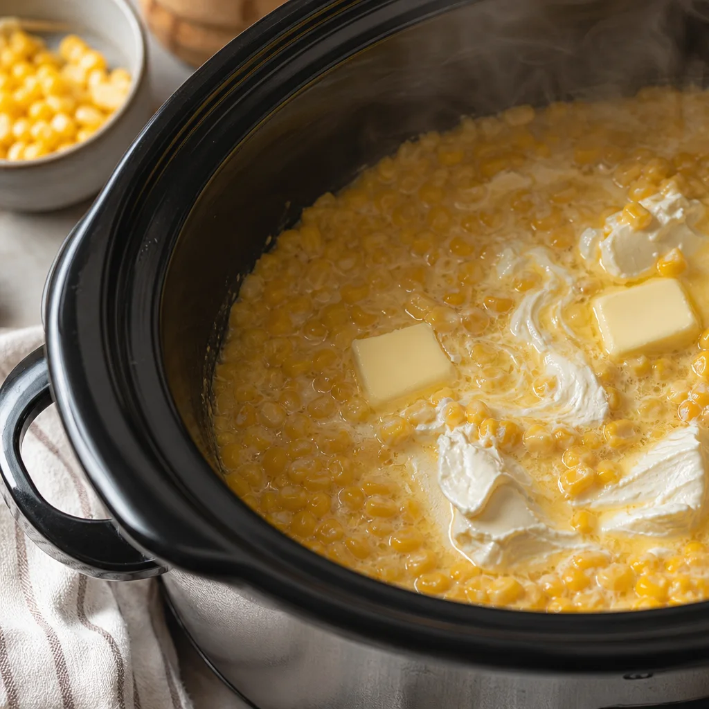 Slow cooker creamed corn cooking with melted butter and cream cheese swirling through corn