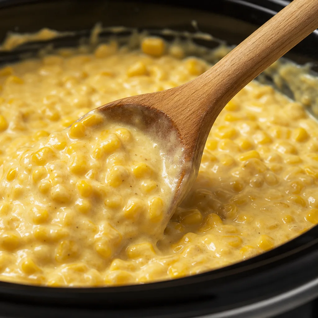 Wooden spoon stirring creamy slow cooker creamed corn until smooth and velvety