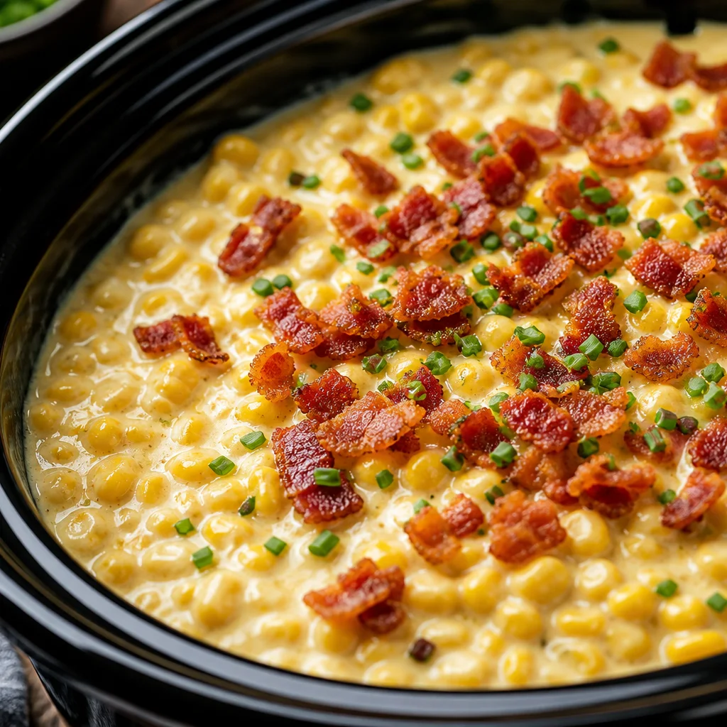 Slow cooker creamed corn topped with crumbled bacon and fresh chives