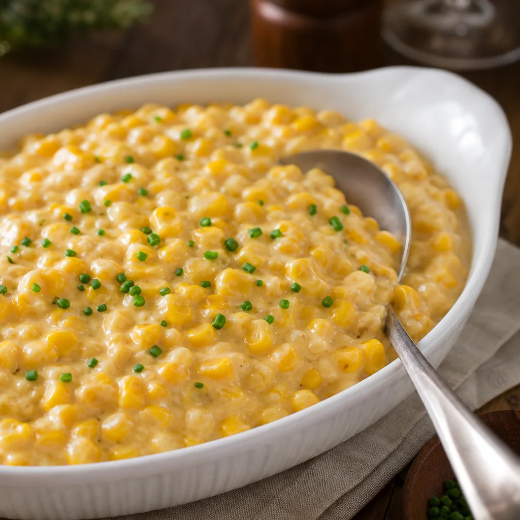 Creamy slow cooker creamed corn scooped into a white serving dish with chives