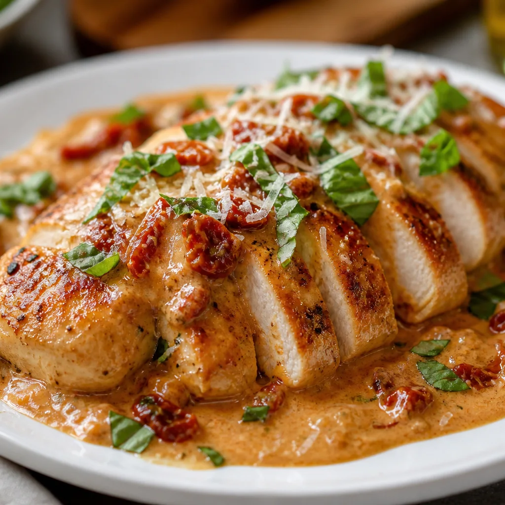 Chicken with sun-dried tomato cream sauce on a white plate garnished with fresh basil