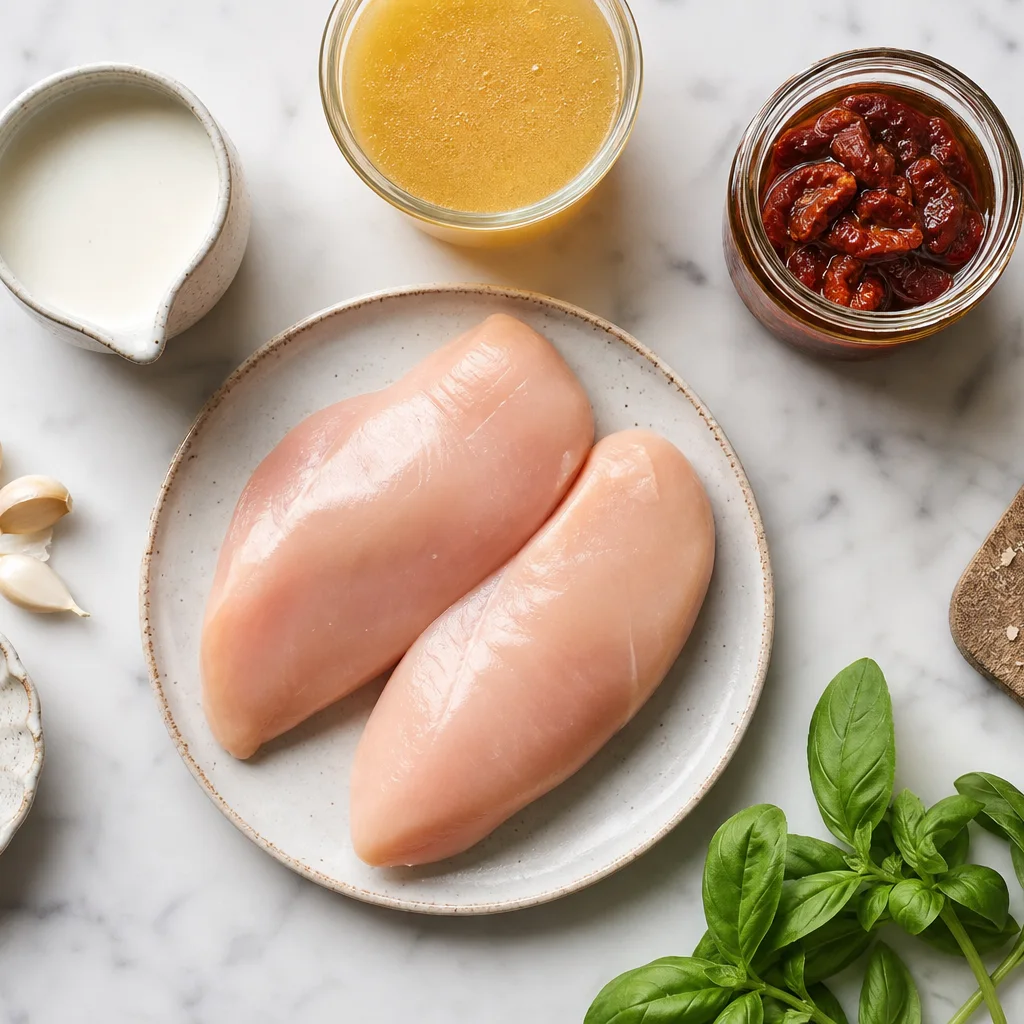 Chicken with sun-dried tomato cream sauce ingredients including chicken breasts cream sun-dried tomatoes and Parmesan
