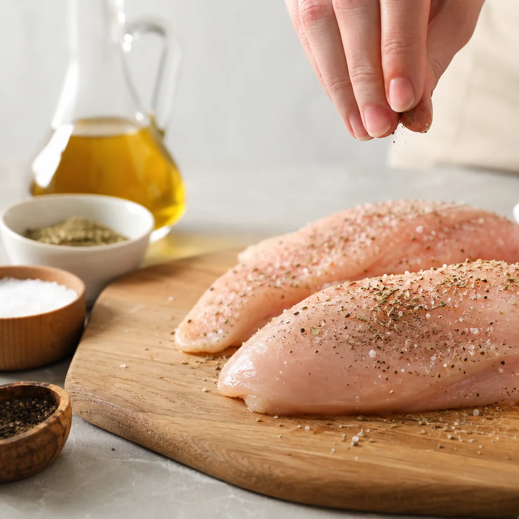 Seasoned raw chicken breasts on a cutting board with salt pepper and Italian herbs