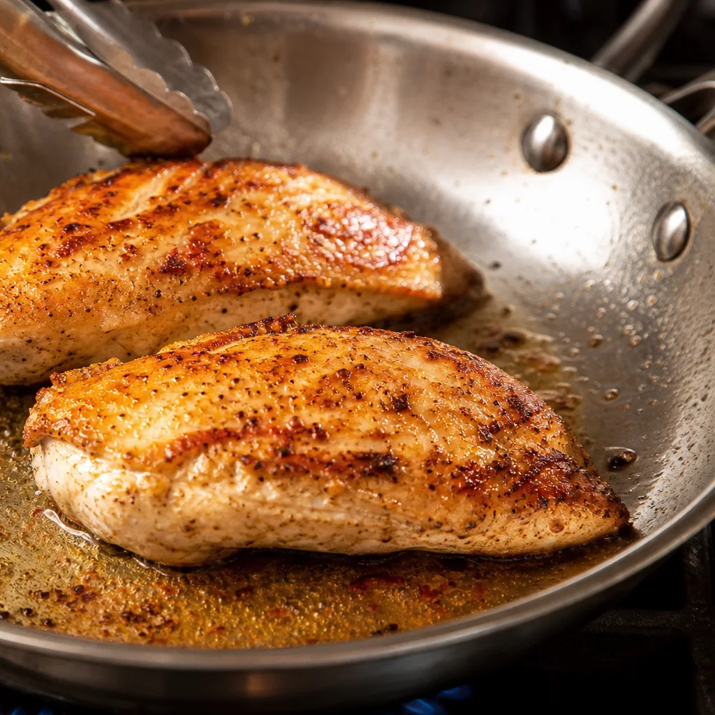 Golden seared chicken breasts cooking in a stainless steel skillet on the stove