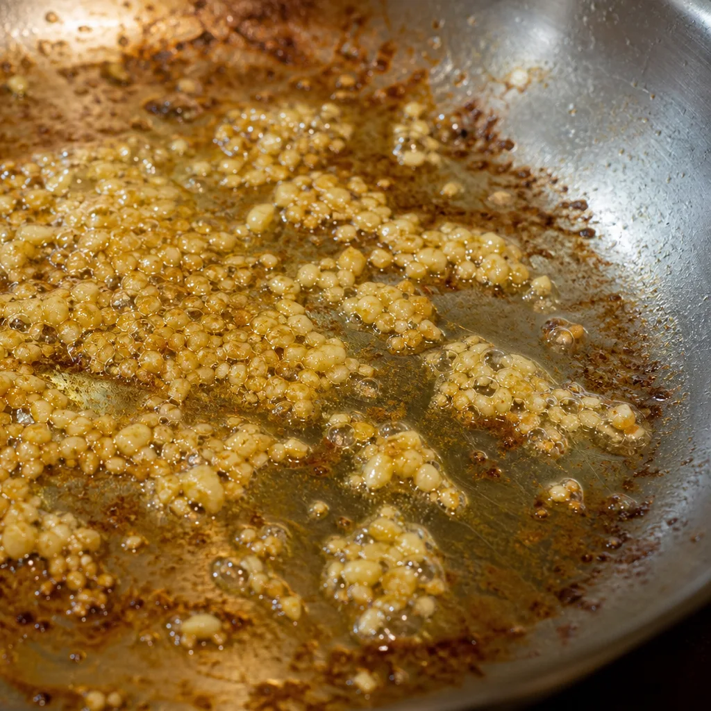 Minced garlic sautéing in olive oil in a skillet after searing chicken