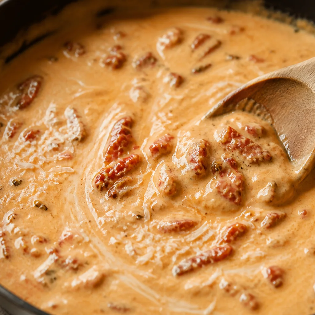 Sun-dried tomato cream sauce simmering with Parmesan in a skillet