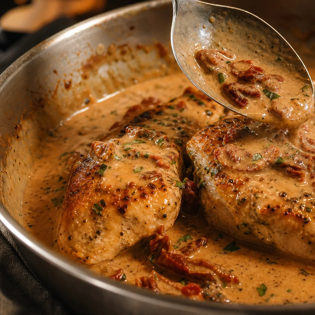 Seared chicken breasts simmering in sun-dried tomato cream sauce in a skillet