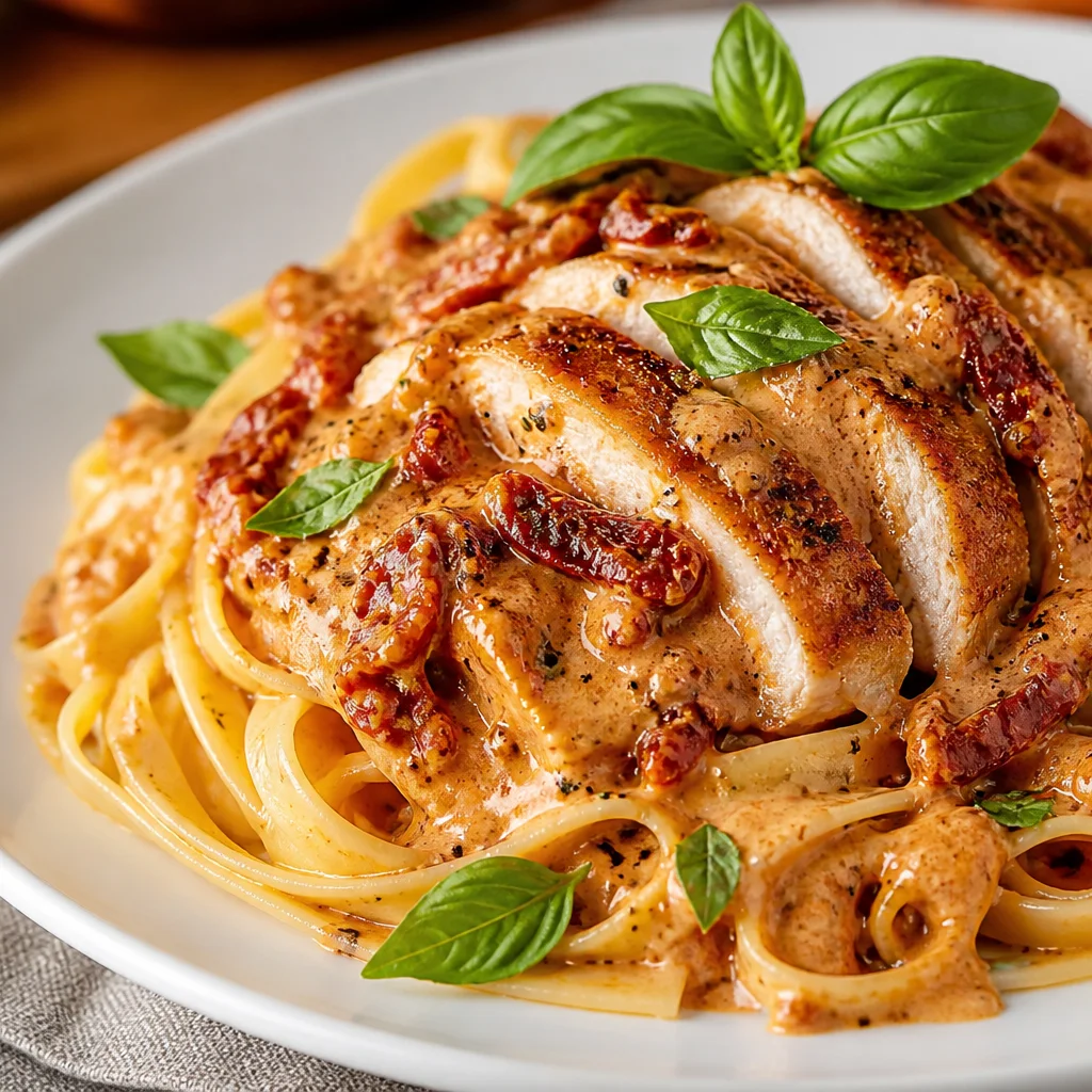 Sliced chicken with sun-dried tomato cream sauce served over pasta with basil