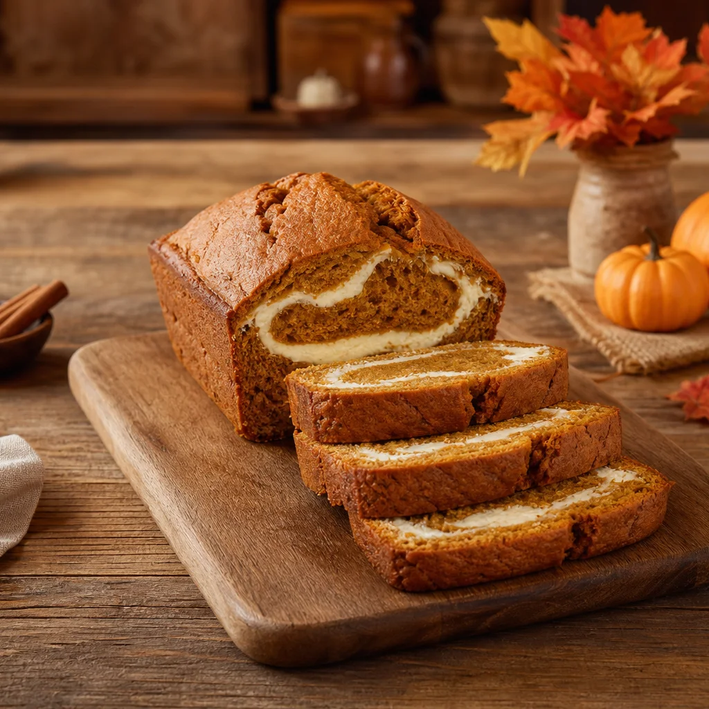 Sliced cream cheese filled pumpkin bread on a wooden board showing cream cheese swirl