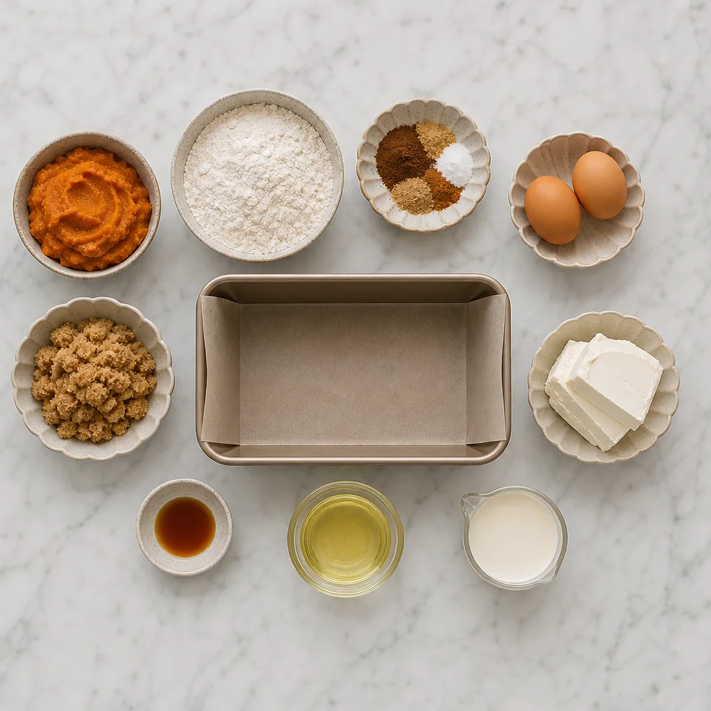 Cream cheese filled pumpkin bread ingredients including pumpkin puree flour spices cream cheese and eggs