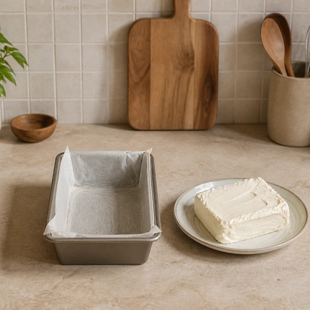 Greased loaf pan with parchment paper beside softened cream cheese on a counter