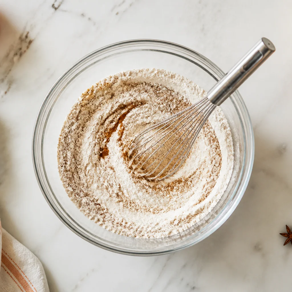 Flour and pumpkin spices whisked together in a glass mixing bowl