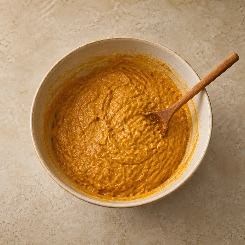 Pumpkin bread batter mixed in a large bowl with orange spiced texture