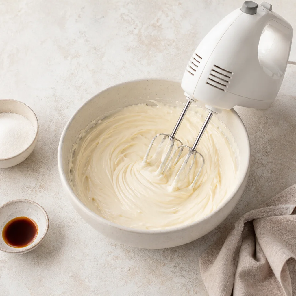 Smooth cream cheese filling in a bowl ready to layer into pumpkin bread