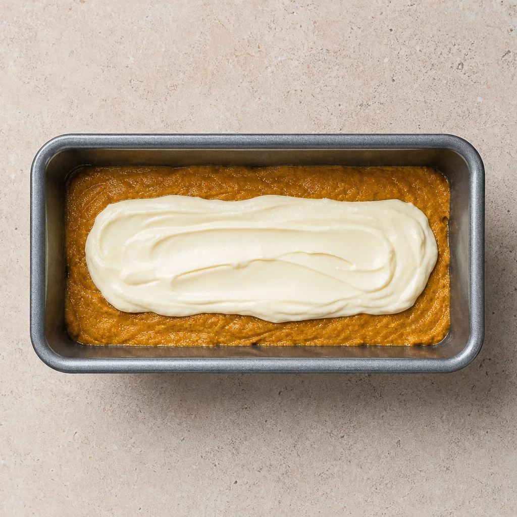 Pumpkin bread batter layered with cream cheese filling in a loaf pan before baking