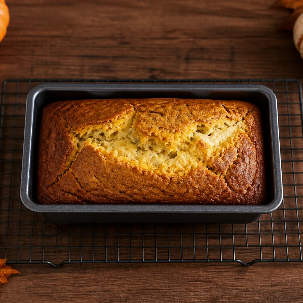 Golden baked cream cheese filled pumpkin bread loaf fresh from the oven