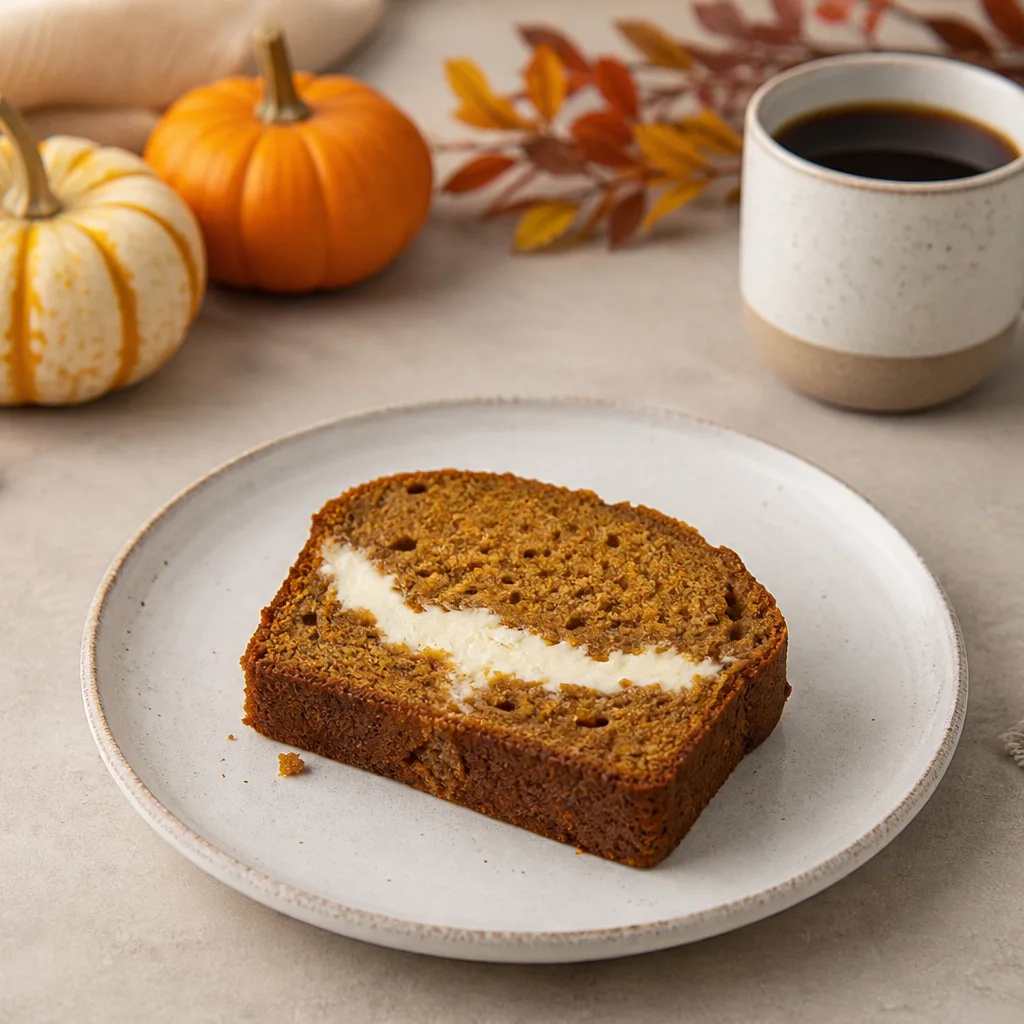 Thick slice of cream cheese filled pumpkin bread on a plate with coffee and fall decor