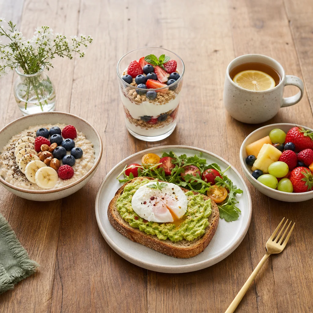 Colorful flat belly breakfast spread with avocado toast yogurt parfait oatmeal and fresh berries