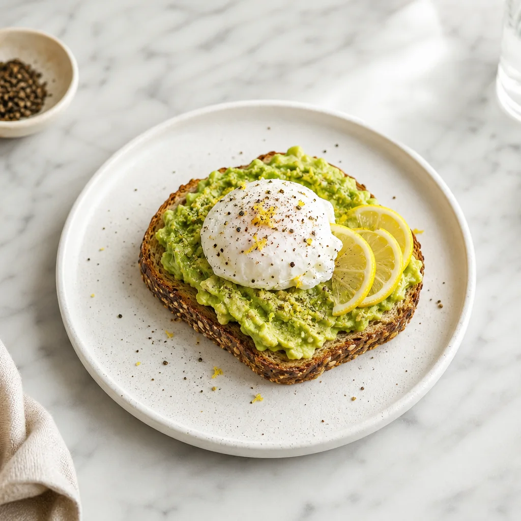 Whole grain avocado toast topped with a poached egg and black pepper on a breakfast plate