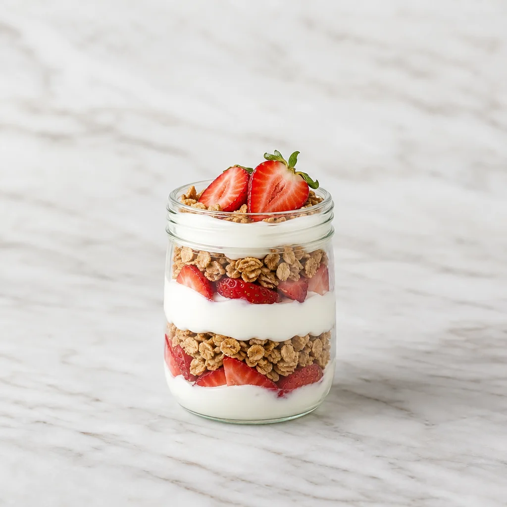 Greek yogurt parfait layered with granola and fresh strawberries in a glass jar