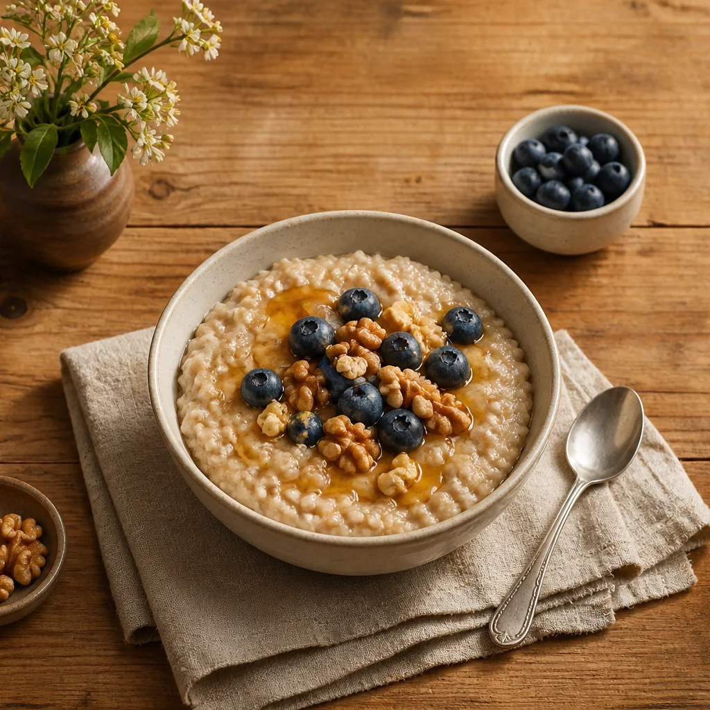 Bowl of steel cut oatmeal topped with walnuts blueberries and a drizzle of honey