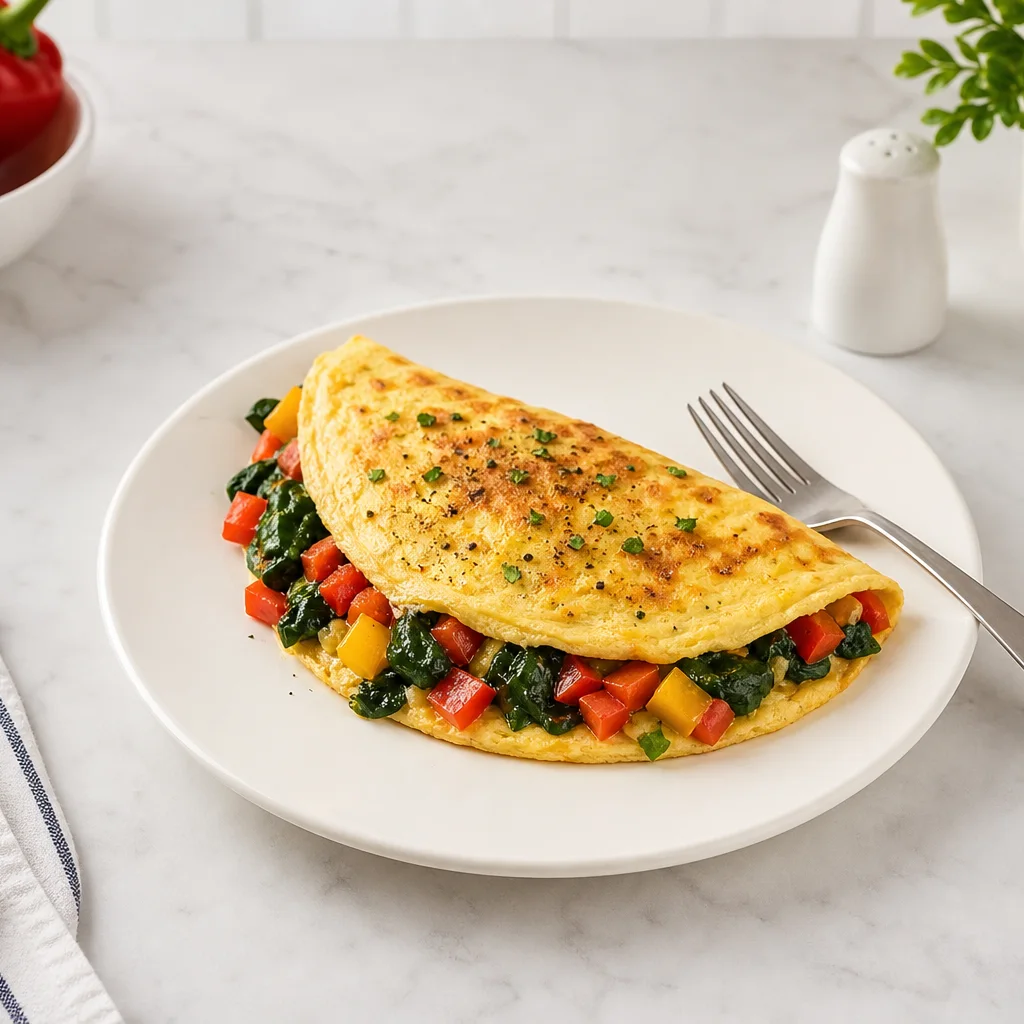 Fluffy veggie omelette filled with spinach tomatoes and bell peppers on a white plate