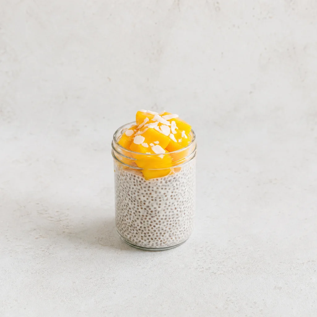 Creamy chia seed pudding in a jar topped with fresh mango slices and coconut flakes