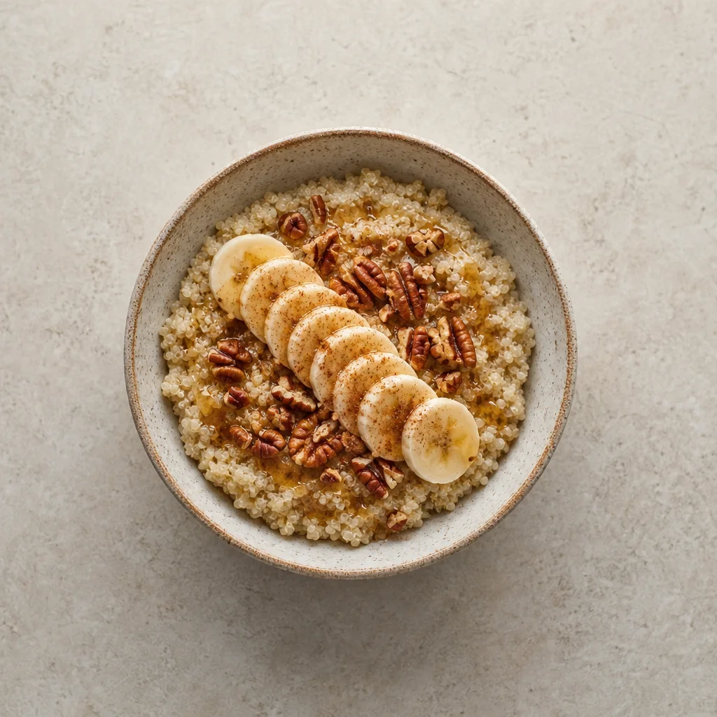 Warm quinoa breakfast bowl with sliced banana honey drizzle and chopped pecans