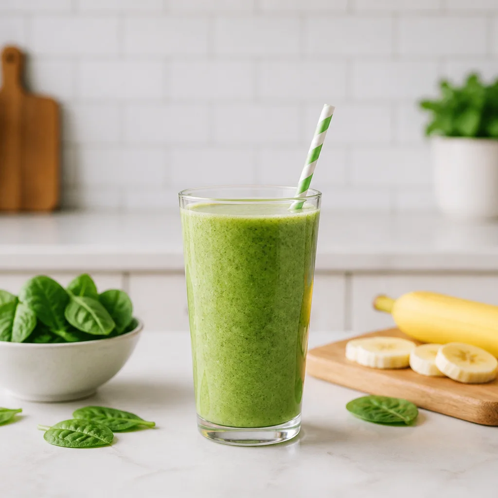 Green spinach banana smoothie in a tall glass with a striped straw on a kitchen counter