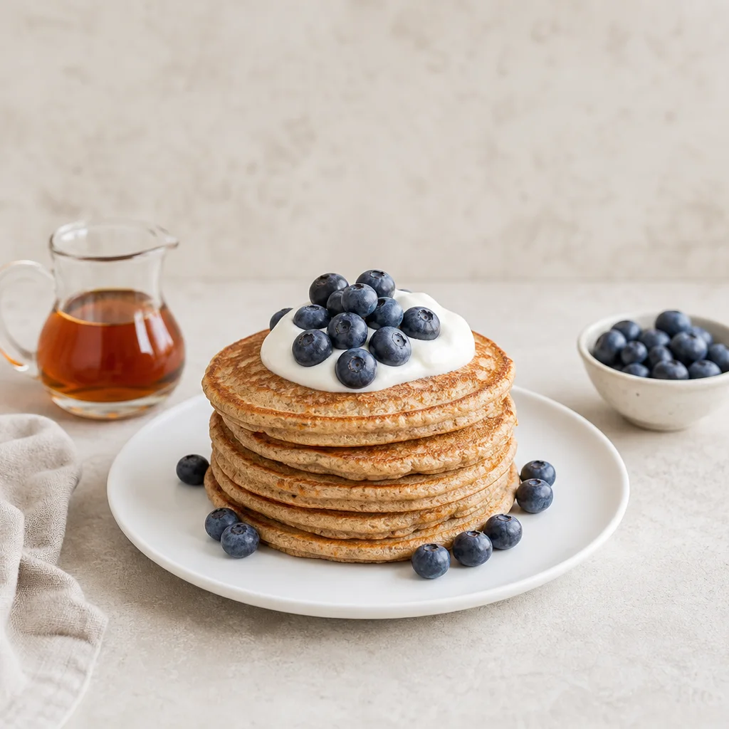 Stack of whole wheat pancakes topped with blueberries and a dollop of Greek yogurt