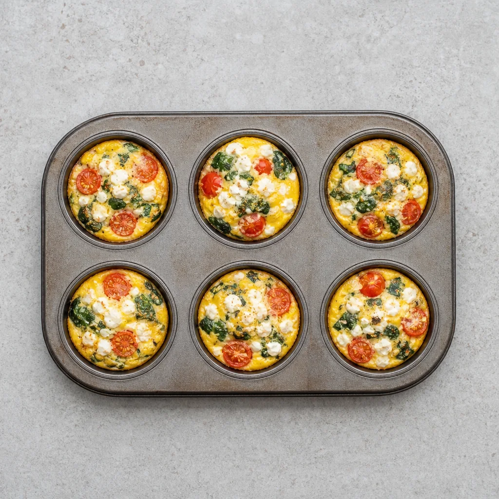 Baked egg muffins with spinach feta and cherry tomatoes in a muffin tin