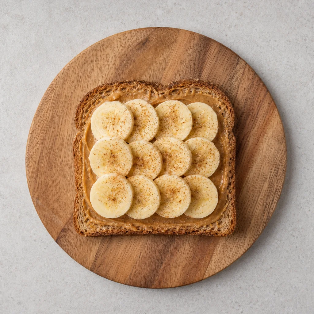 Whole grain toast spread with almond butter and topped with banana slices and cinnamon