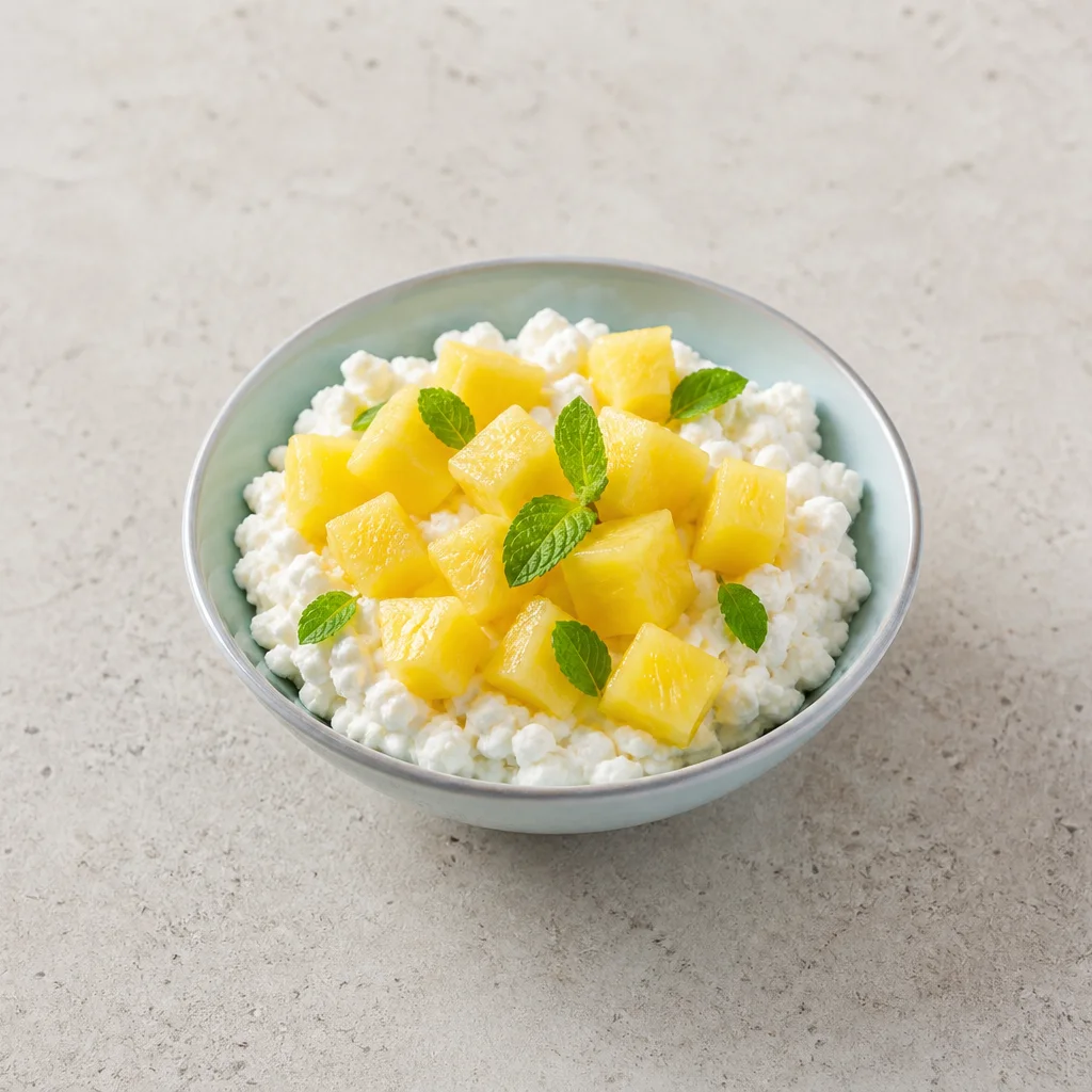 Bowl of cottage cheese topped with fresh pineapple chunks and mint leaves