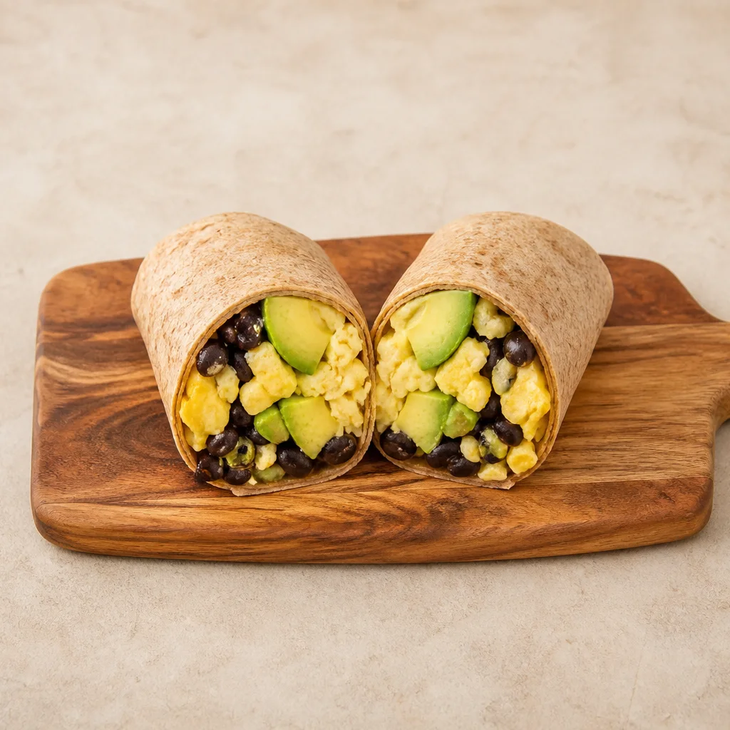 Whole wheat breakfast burrito filled with scrambled eggs black beans and avocado slices